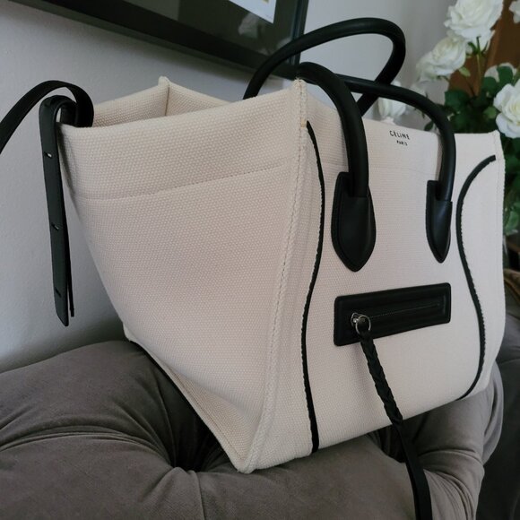CELINE White Canvas And Black Leather trim Phantom Medium Tote Bag. - Picture 7 of 16